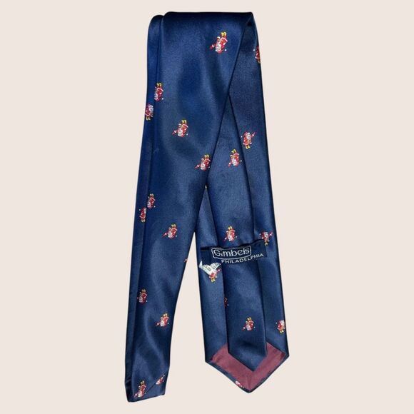 🎅 VINTAGE TEENY TINY SANTA TIE GIMBEL'S PHILADELPHIA IMPORTED ITALIAN SILK NAVY - Picture 3 of 5